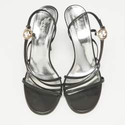 Pre Owned Gucci Black Leather Interlocking G Strappy Slingback Sandals Size 38.5