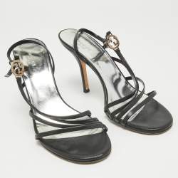 Pre Owned Gucci Black Leather Interlocking G Strappy Slingback Sandals Size 38.5