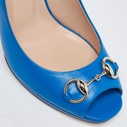 Gucci Blue Leather Horsebit Peep Toe Pumps Size 40