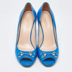 Gucci Blue Leather Horsebit Peep Toe Pumps Size 40