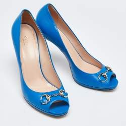 Gucci Blue Leather Horsebit Peep Toe Pumps Size 40