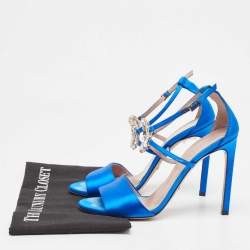 Gucci Blue Satin Crystal Embellished Interlocking G Ankle Strap Sandals Size 38
