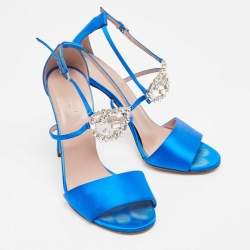 Gucci Blue Satin Crystal Embellished Interlocking G Ankle Strap Sandals Size 38