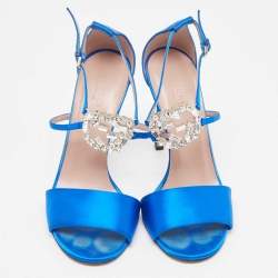 Gucci Blue Satin Crystal Embellished Interlocking G Ankle Strap Sandals Size 38