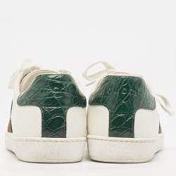 Pre Owned  Gucci White/Green Cro Embossed and Leather Ace Sneakers Size 38