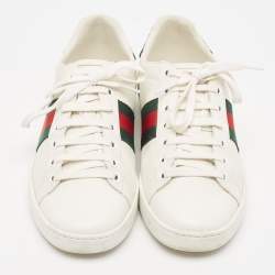 Pre Owned  Gucci White/Green Cro Embossed and Leather Ace Sneakers Size 38