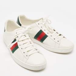 Pre Owned  Gucci White/Green Cro Embossed and Leather Ace Sneakers Size 38