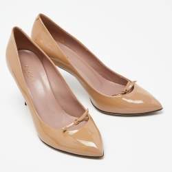 Gucci Beige Patent Leather Knotted Bow Detail Pumps Size 37