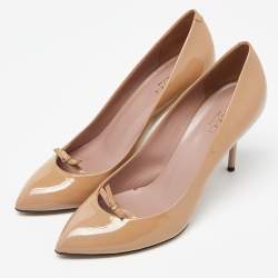 Gucci Beige Patent Leather Knotted Bow Detail Pumps Size 37