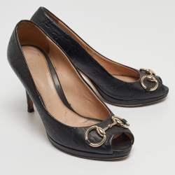 Pre Owned Gucci Black Guccissima Leather Horsebit Peep Toe Pumps Size 38