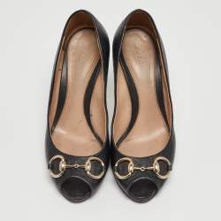 Pre Owned Gucci Black Guccissima Leather Horsebit Peep Toe Pumps Size 38
