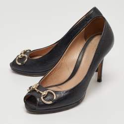 Pre Owned Gucci Black Guccissima Leather Horsebit Peep Toe Pumps Size 38