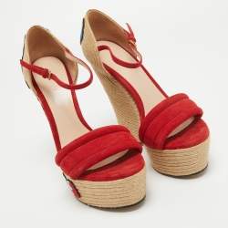 Pre Owned Gucci Red Suede Floral Embroidered Espadrille Wedge Ankle Strap Sandals Size 37.5
