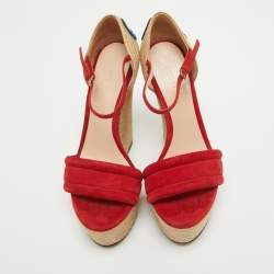 Pre Owned Gucci Red Suede Floral Embroidered Espadrille Wedge Ankle Strap Sandals Size 37.5