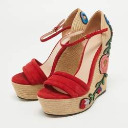 Pre Owned Gucci Red Suede Floral Embroidered Espadrille Wedge Ankle Strap Sandals Size 37.5