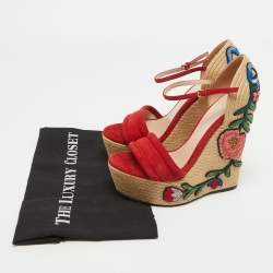 Pre Owned Gucci Red Suede Floral Embroidered Espadrille Wedge Ankle Strap Sandals Size 37.5