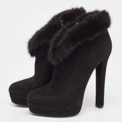 Gucci Black Suede and Fur Trim Ankle Boots Size 37