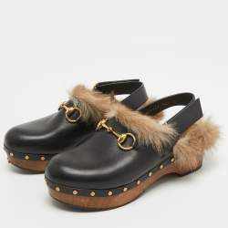 مملوكة مسبقًا Gucci Black/Brown Leather and Fur Horsebit Amstel Slingback Clogs Size 36.5