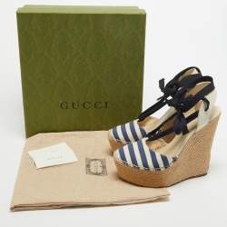 Gucci Two Tone Canvas and Leather Espadrille Wedge Ankle Tie Pumps Size 39