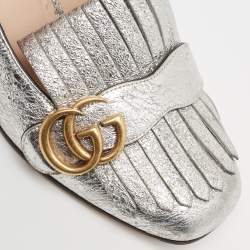 Pre Owned Gucci Silver Laminated Leather GG Marmont Fringe Pumps Size 38
