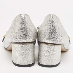 Pre Owned Gucci Silver Laminated Leather GG Marmont Fringe Pumps Size 38