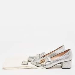 Pre Owned Gucci Silver Laminated Leather GG Marmont Fringe Pumps Size 38