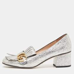 Pre Owned Gucci Silver Laminated Leather GG Marmont Fringe Pumps Size 38