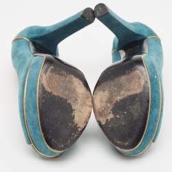 Pre Owned Gucci Teal/Gold Suede Peep Toe Platform Pumps Size 38.5