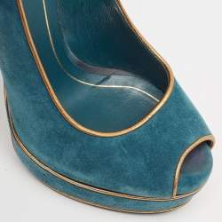 Pre Owned Gucci Teal/Gold Suede Peep Toe Platform Pumps Size 38.5