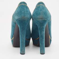 Pre Owned Gucci Teal/Gold Suede Peep Toe Platform Pumps Size 38.5