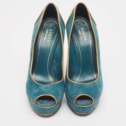 Pre Owned Gucci Teal/Gold Suede Peep Toe Platform Pumps Size 38.5