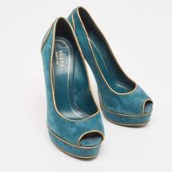 Pre Owned Gucci Teal/Gold Suede Peep Toe Platform Pumps Size 38.5