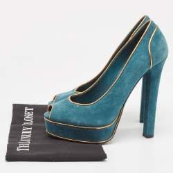 Pre Owned Gucci Teal/Gold Suede Peep Toe Platform Pumps Size 38.5