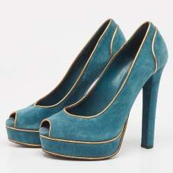 Pre Owned Gucci Teal/Gold Suede Peep Toe Platform Pumps Size 38.5