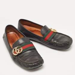 Pre Owned Gucci Black Leather GG Marmont Web Driver Slip On Loafers Size 37