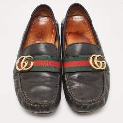 Pre Owned Gucci Black Leather GG Marmont Web Driver Slip On Loafers Size 37