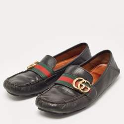 Pre Owned Gucci Black Leather GG Marmont Web Driver Slip On Loafers Size 37