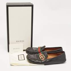 Pre Owned Gucci Black Leather GG Marmont Web Driver Slip On Loafers Size 37