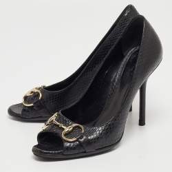 Gucci Black Python Horsebit Open Toe Pumps 38.5