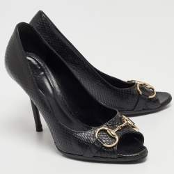 Gucci Black Python Horsebit Open Toe Pumps 38.5