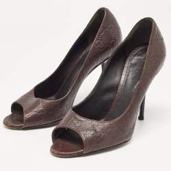 Pre Owned Gucci Brown Leather Peep Toe Pumps Size 37