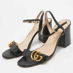 Pre Owned Gucci Black Leather GG Marmont Ankle Strap Sandals Size 37.5