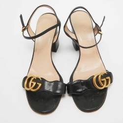 Pre Owned Gucci Black Leather GG Marmont Ankle Strap Sandals Size 37.5
