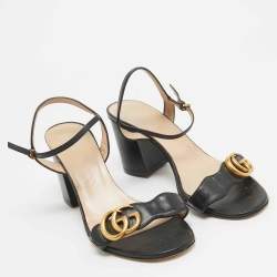 Pre Owned Gucci Black Leather GG Marmont Ankle Strap Sandals Size 37.5