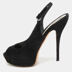 Gucci Black Suede Peep Toe Slingback Pumps Size 37.5     