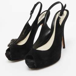 Pre Owned Gucci Black Suede Peep Toe Slingback Pumps Size 37.5     