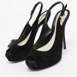 Gucci Black Suede Peep Toe Slingback Pumps Size 37.5     