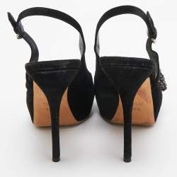 Pre Owned Gucci Black Suede Peep Toe Slingback Pumps Size 37.5     