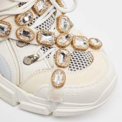Gucci White/Grey Leather and Mesh Crystal Embellished Flashtrek Sneakers Size 39.5