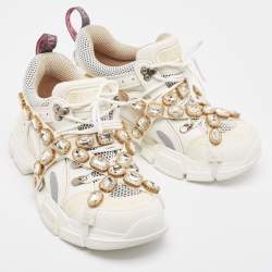 Gucci White/Grey Leather and Mesh Crystal Embellished Flashtrek Sneakers Size 39.5